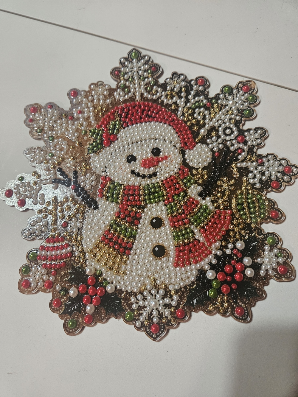 Handmade Christmas Pearl Diamond Art Snowman Finished